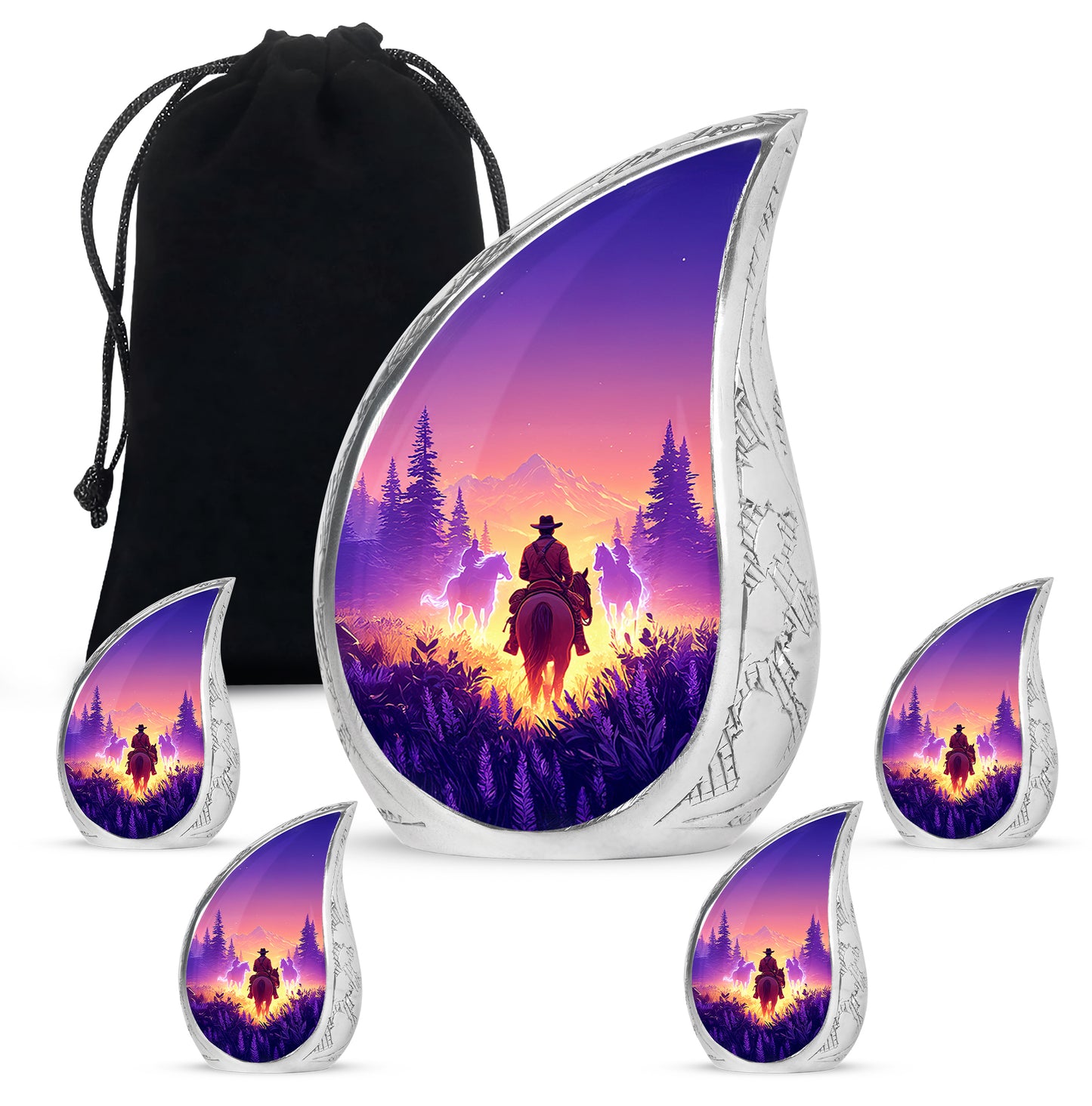 Peony Pink Cowboy Cremation Urn side profile showing urn shape - flowing teardrop cowboy silhouette on curved aluminum - memorial set with one large and four small urns