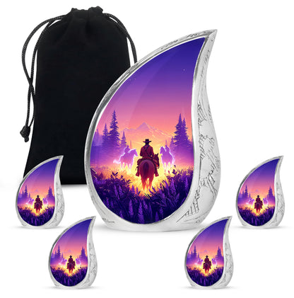 Peony Pink Cowboy Cremation Urn side profile showing urn shape - flowing teardrop cowboy silhouette on curved aluminum - memorial set with one large and four small urns