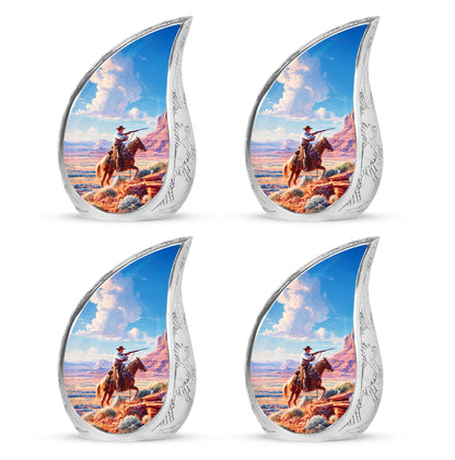 Bright Blue Cowboy Cremation Urn close-up of engraving and surface detail - smooth teardrop contour featuring cowboy art - 10 inch aluminum urn for cremated remains