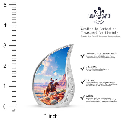 Navy Blue Cowboy Cremation Urn angled view of lid and engraved motif - flowing teardrop cowboy silhouette on curved aluminum - mini keepsake memorial for portion of cremation ashes
