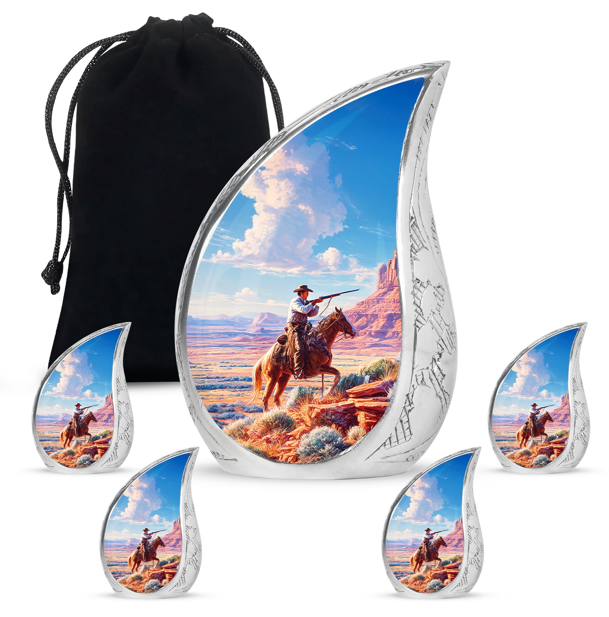 Bright Blue Cowboy Cremation Urn side profile showing urn shape - smooth teardrop contour featuring cowboy art - memorial set with one large and four small urns