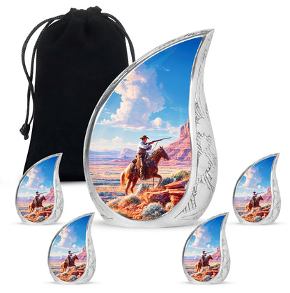 Bright Blue Cowboy Cremation Urn side profile showing urn shape - smooth teardrop contour featuring cowboy art - memorial set with one large and four small urns
