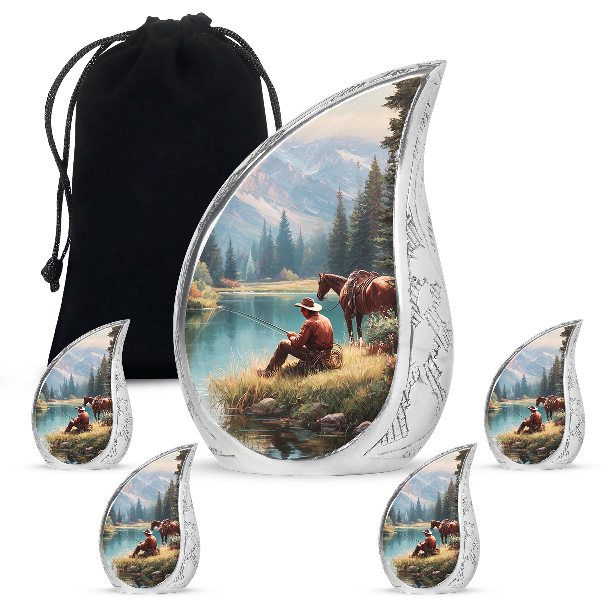 Royal Blue Cowboy Cremation Urn side profile showing urn shape - graceful tear-shaped urn with cowboy motif - memorial set with one large and four small urns