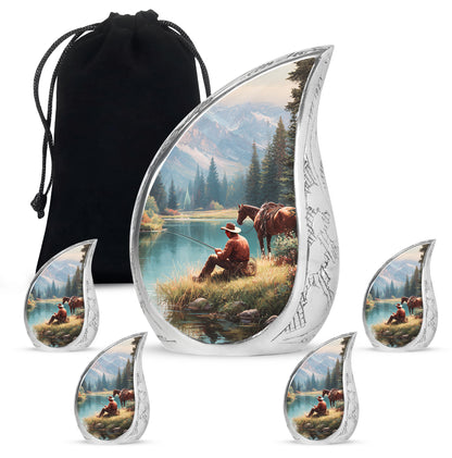 Royal Blue Cowboy Cremation Urn side profile showing urn shape - graceful tear-shaped urn with cowboy motif - memorial set with one large and four small urns