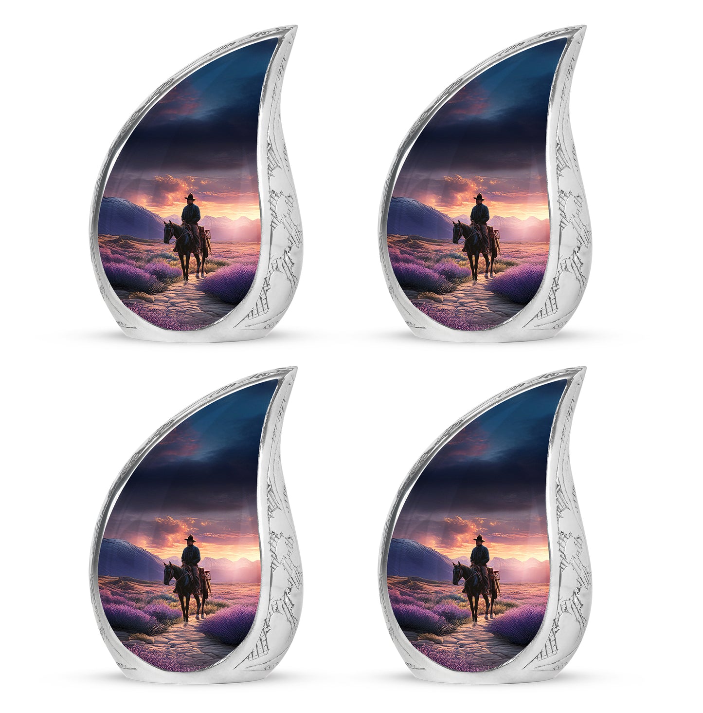 Plum Purple Cowboy Cremation Urn close-up of engraving and surface detail - flowing teardrop cowboy silhouette on curved aluminum - 10 inch aluminum urn for cremated remains
