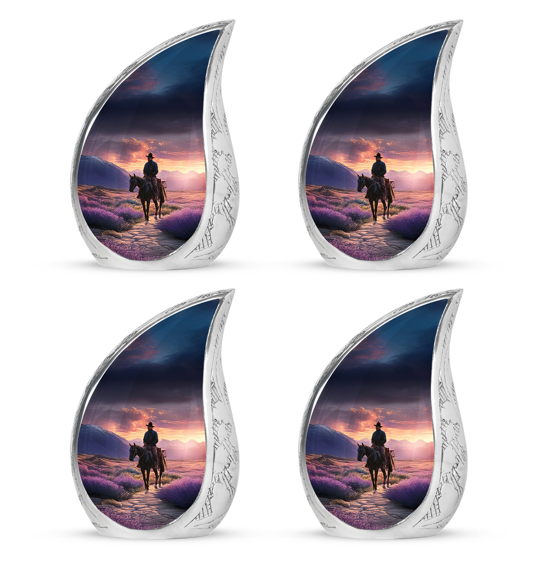 Plum Purple Cowboy Cremation Urn close-up of engraving and surface detail - flowing teardrop cowboy silhouette on curved aluminum - 10 inch aluminum urn for cremated remains