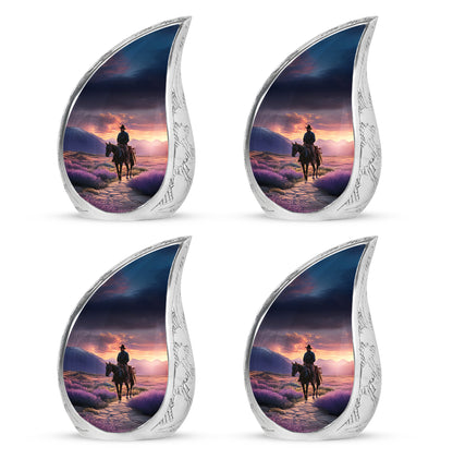 Plum Purple Cowboy Cremation Urn close-up of engraving and surface detail - flowing teardrop cowboy silhouette on curved aluminum - 10 inch aluminum urn for cremated remains