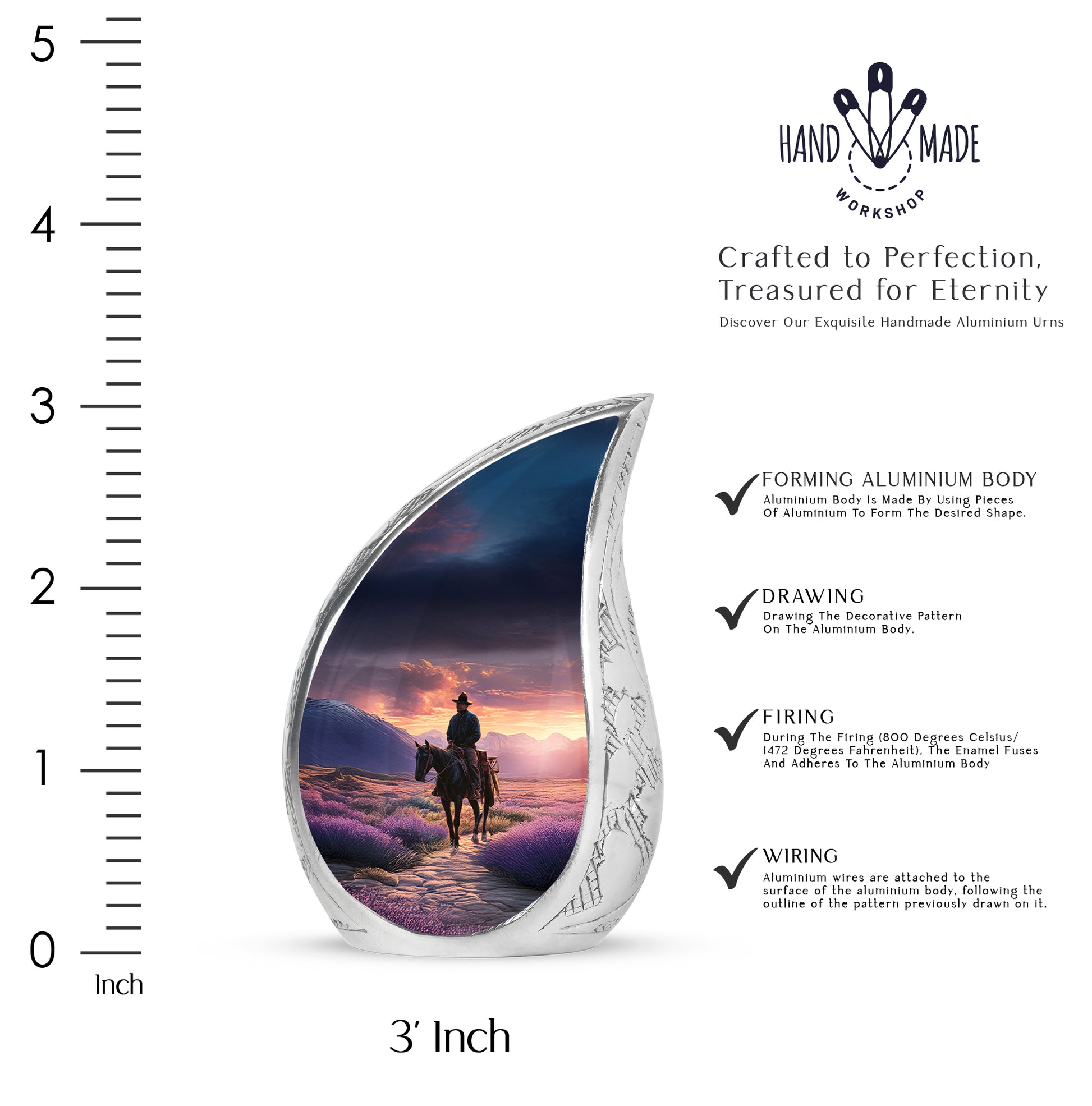 Plum Purple Cowboy Cremation Urn angled view of lid and engraved motif - rounded teardrop cowboy design with delicate detail - mini keepsake memorial for portion of cremation ashes