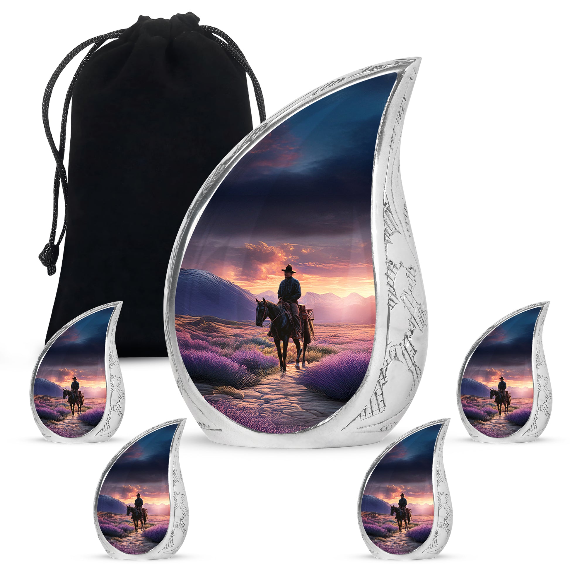 Orchid Purple Cowboy Cremation Urn side profile showing urn shape - rounded teardrop cowboy design with delicate detail - memorial set with one large and four small urns