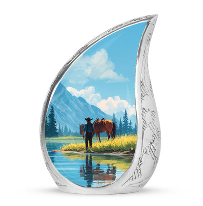 Blue Resounding Cowboy Memorial Urn for Ashes - 10-inch, 200 cu in - Yatskia