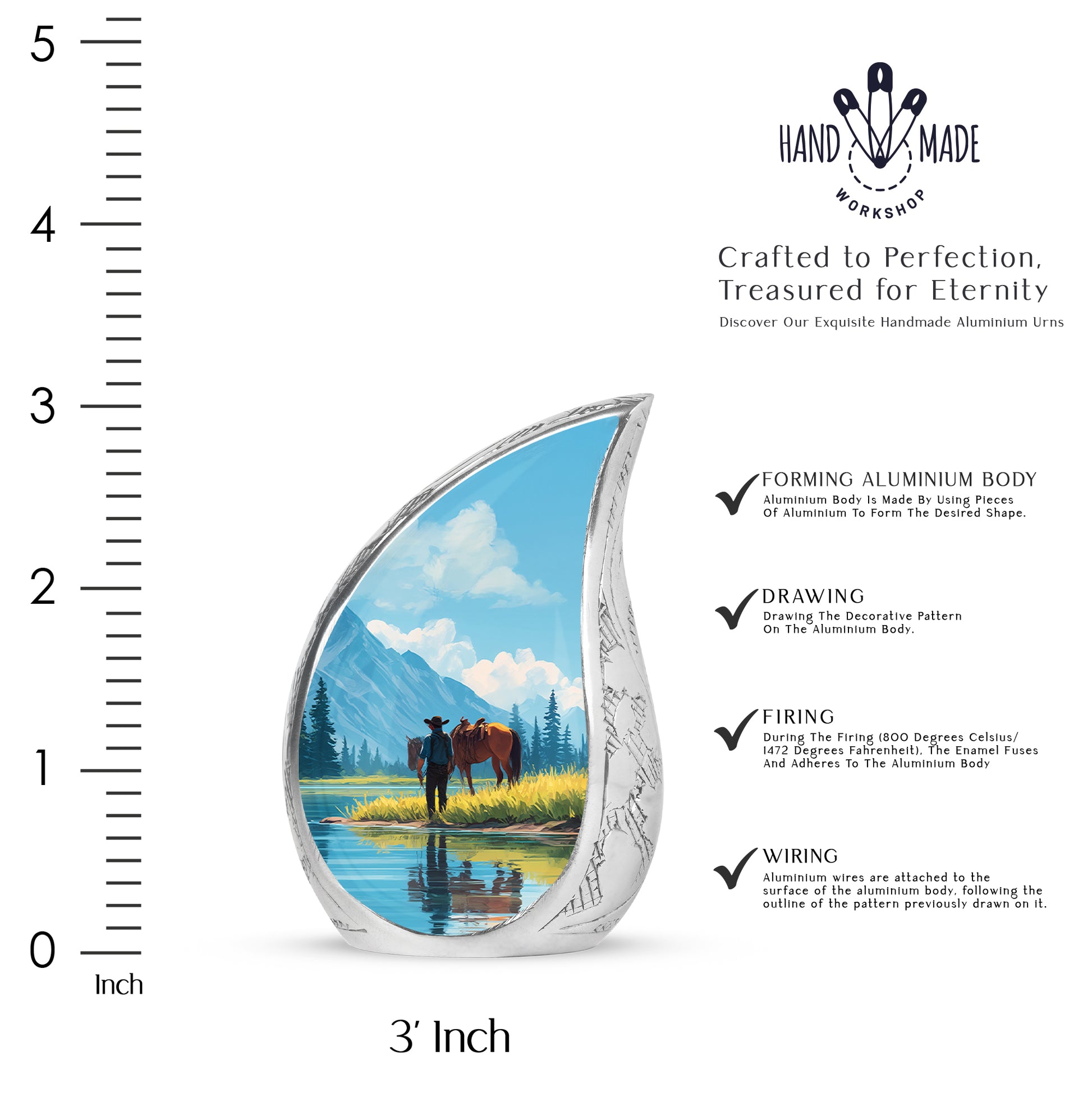 Powder Blue Cowboy Cremation Urn angled view of lid and engraved motif - rounded teardrop cowboy design with delicate detail - mini keepsake memorial for portion of cremation ashes