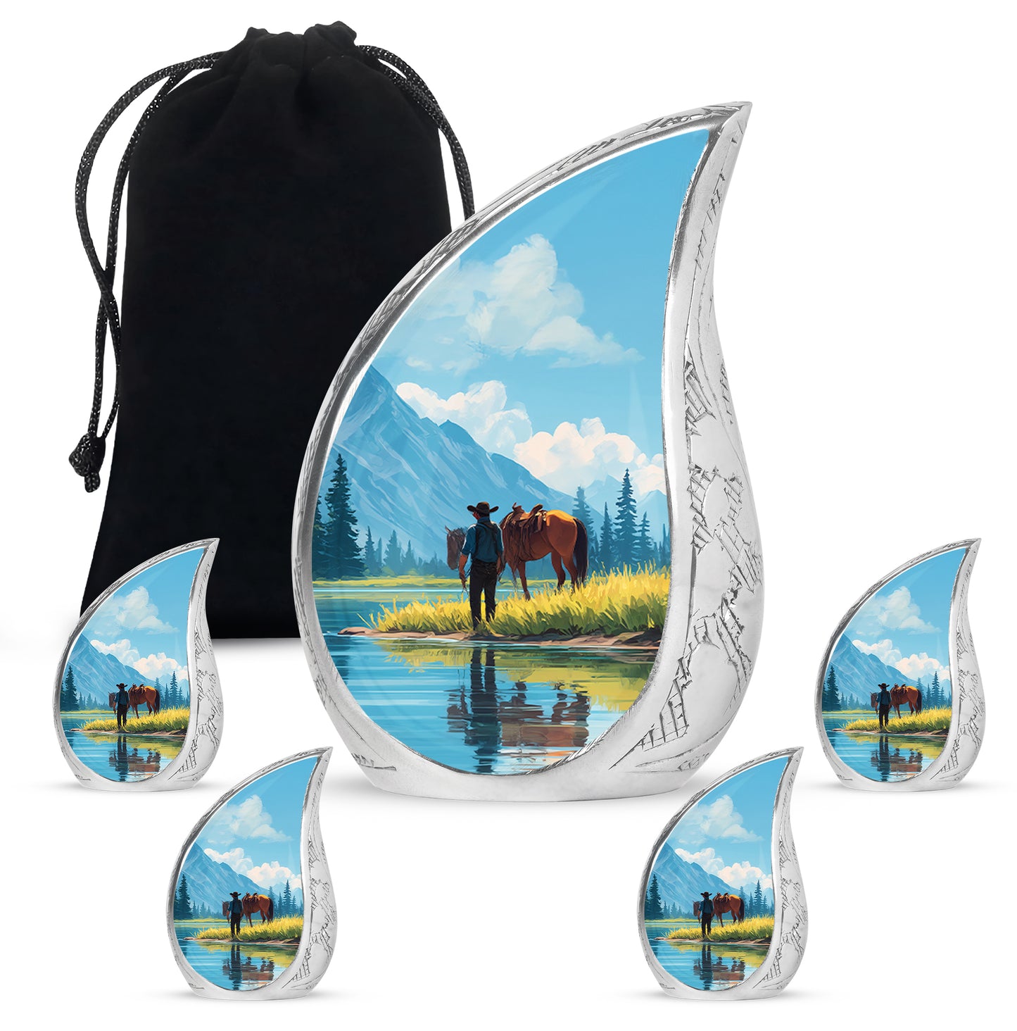 Icy Blue Cowboy Cremation Urn side profile showing urn shape - flowing teardrop cowboy silhouette on curved aluminum - memorial set with one large and four small urns