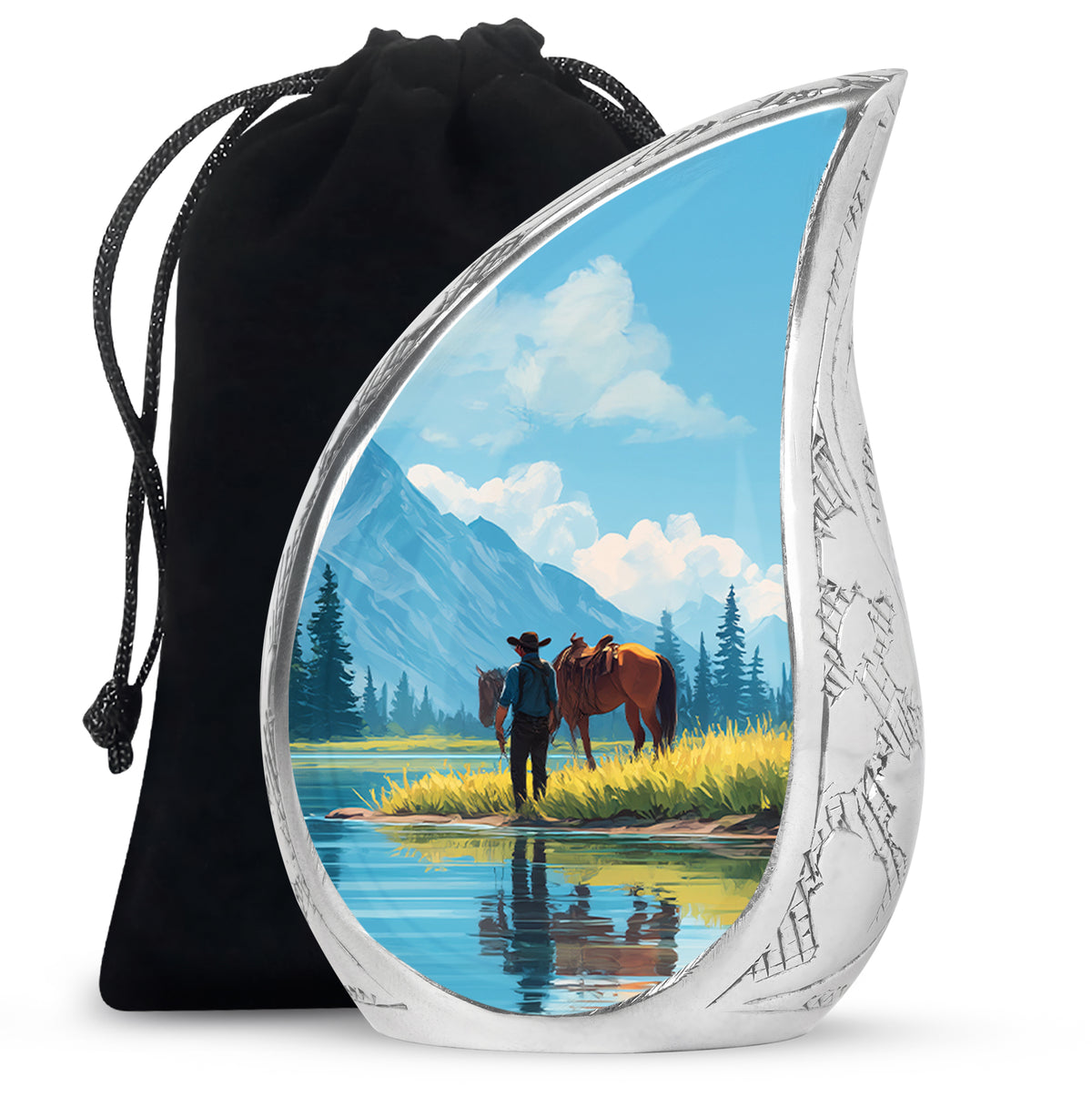 Indigo Cowboy Cremation Urn front view showing detailed design - rounded teardrop cowboy design with delicate detail - full-size 10 inch 200 cubic inch adult cremation urn