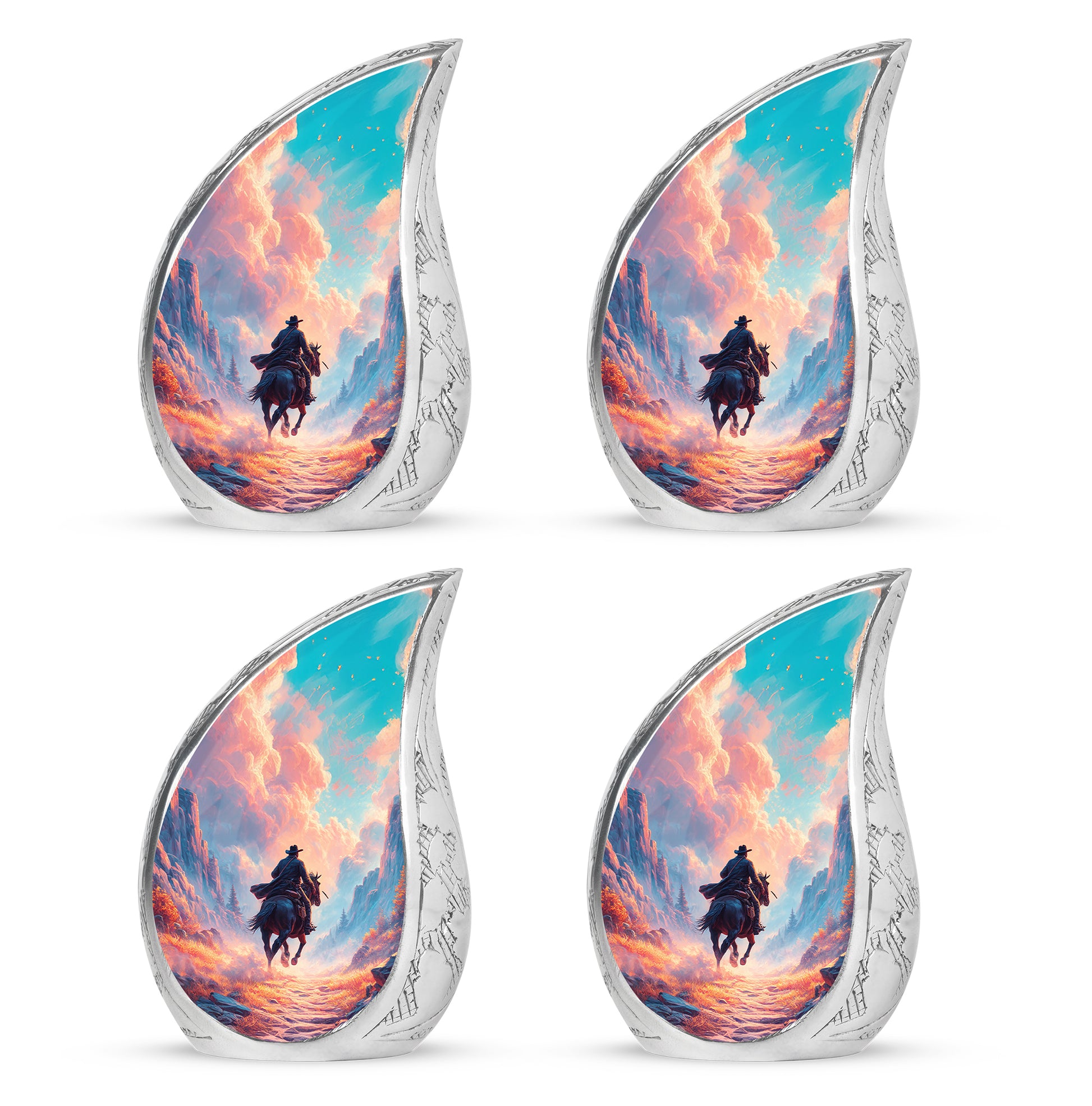 Soft Blue Cowboy Cremation Urn close-up of engraving and surface detail - graceful tear-shaped urn with cowboy motif - 10 inch aluminum urn for cremated remains