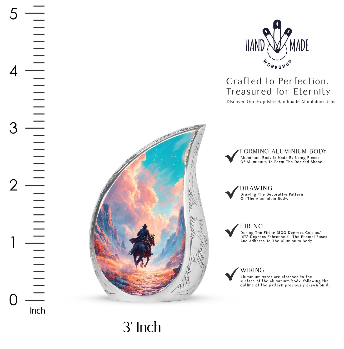 Celestial Blue Cowboy Cremation Urn angled view of lid and engraved motif - flowing teardrop cowboy silhouette on curved aluminum - mini keepsake memorial for portion of cremation ashes
