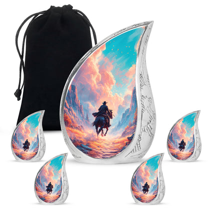 Misty Blue Cowboy Cremation Urn side profile showing urn shape - flowing teardrop cowboy silhouette on curved aluminum - memorial set with one large and four small urns