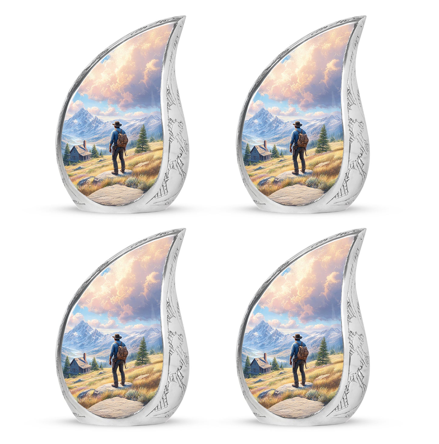 Icy Blue Cowboy Cremation Urn close-up of engraving and surface detail - flowing teardrop cowboy silhouette on curved aluminum - 10 inch aluminum urn for cremated remains