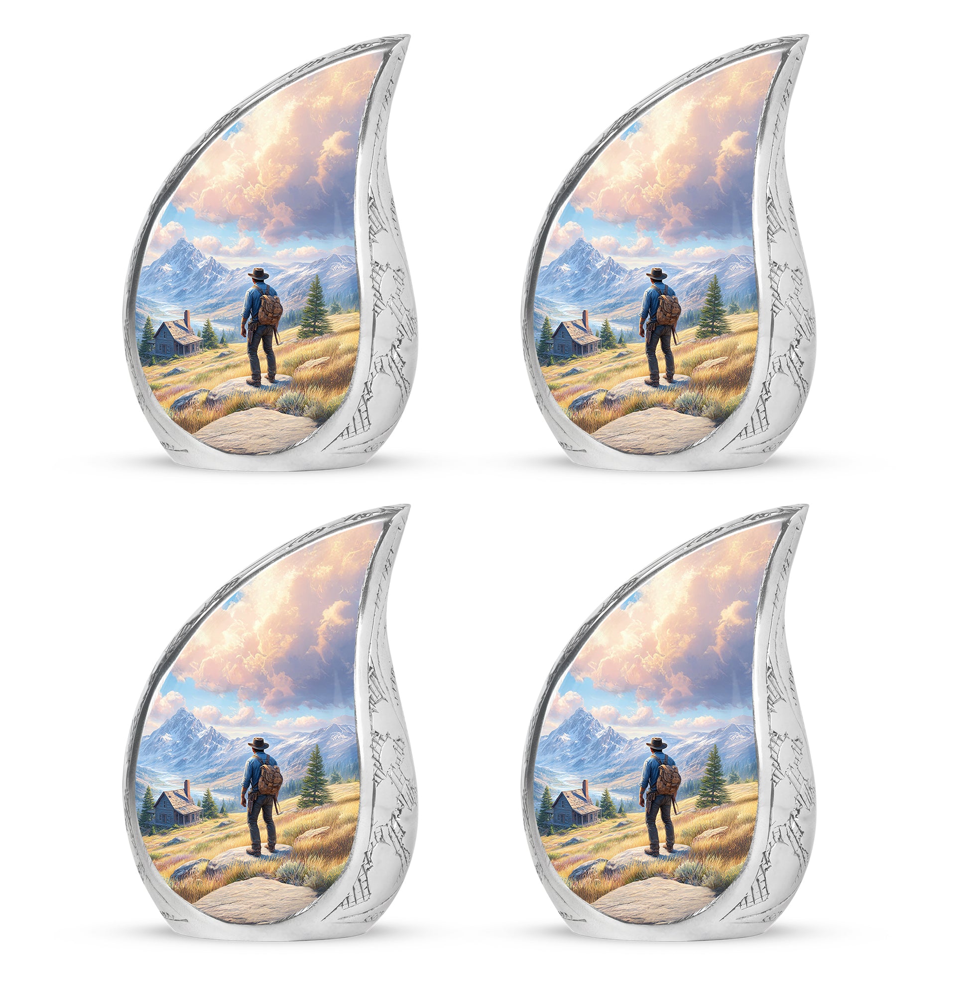 Icy Blue Cowboy Cremation Urn close-up of engraving and surface detail - flowing teardrop cowboy silhouette on curved aluminum - 10 inch aluminum urn for cremated remains