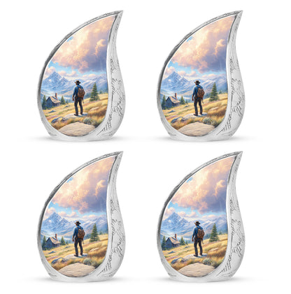 Icy Blue Cowboy Cremation Urn close-up of engraving and surface detail - flowing teardrop cowboy silhouette on curved aluminum - 10 inch aluminum urn for cremated remains