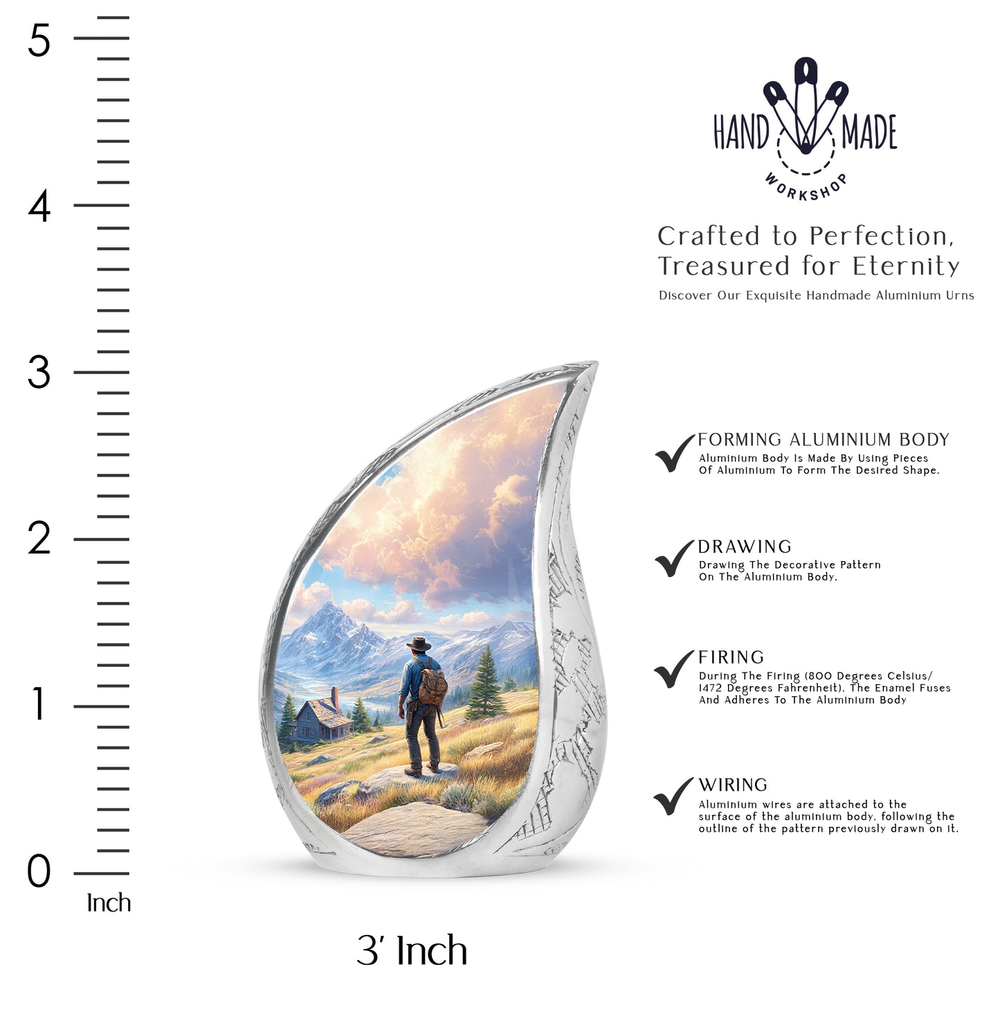 Cornflower Blue Cowboy Cremation Urn angled view of lid and engraved motif - graceful tear-shaped urn with cowboy motif - mini keepsake memorial for portion of cremation ashes