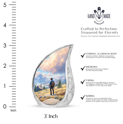 Cornflower Blue Cowboy Cremation Urn angled view of lid and engraved motif - graceful tear-shaped urn with cowboy motif - mini keepsake memorial for portion of cremation ashes