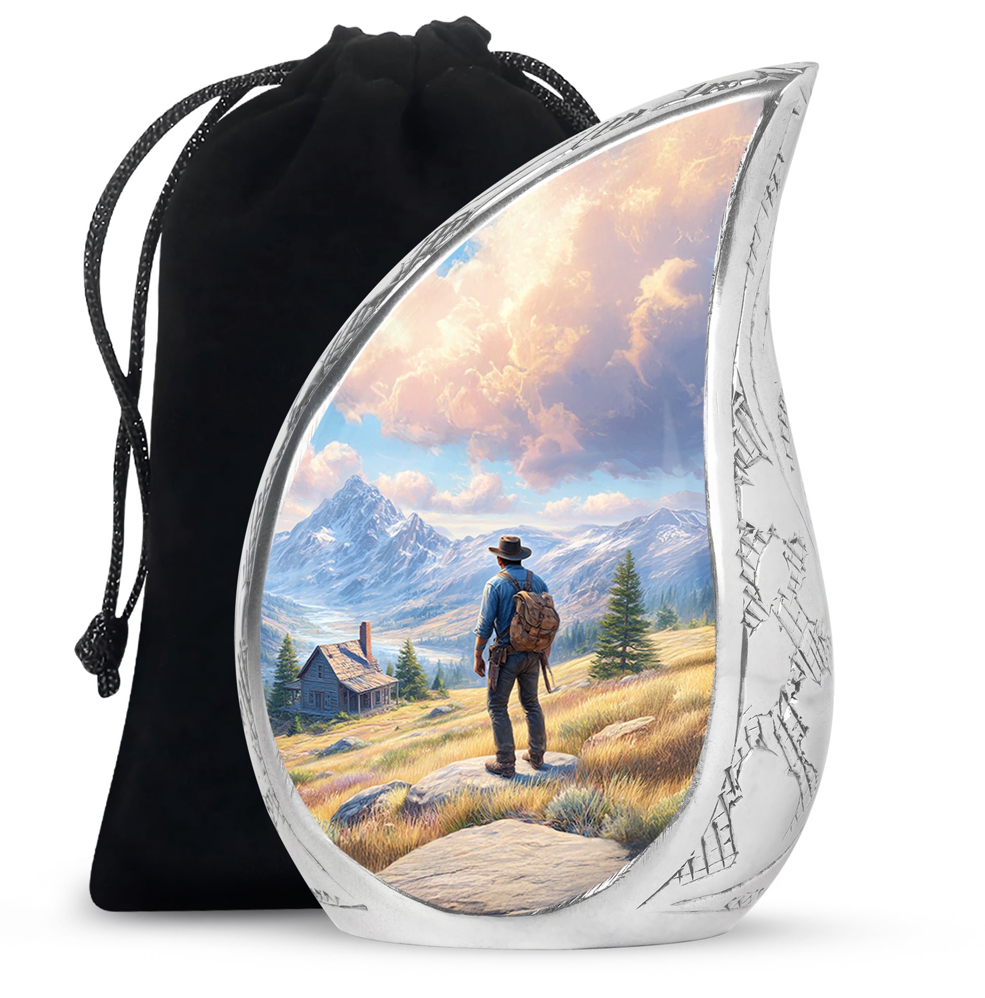 Steel Blue Cowboy Cremation Urn front view showing detailed design - graceful tear-shaped urn with cowboy motif - full-size 10 inch 200 cubic inch adult cremation urn