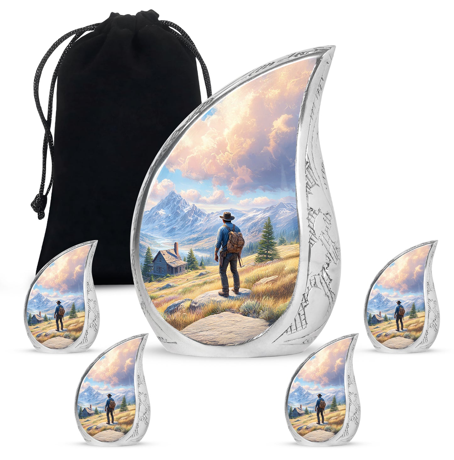 Azure Cowboy Cremation Urn side profile showing urn shape - flowing teardrop cowboy silhouette on curved aluminum - memorial set with one large and four small urns