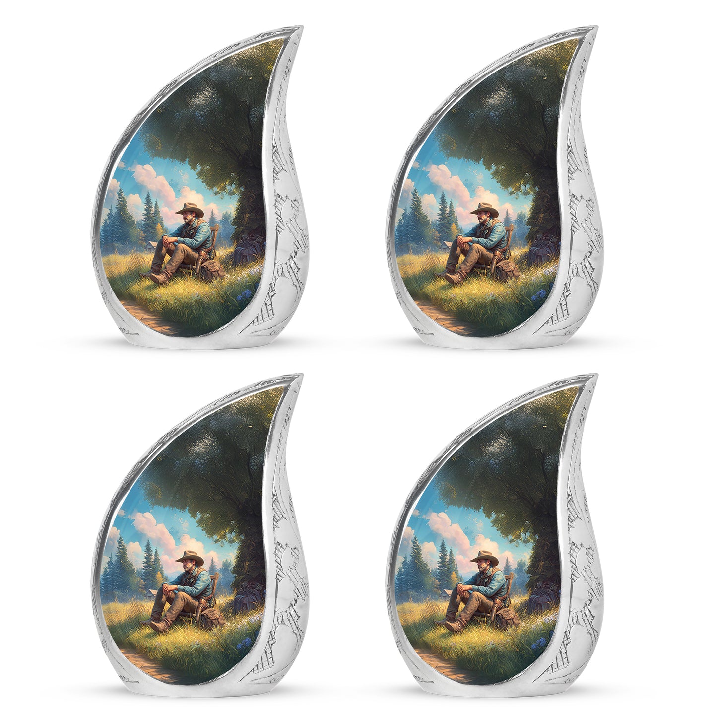 Vivid Teal Cowboy Cremation Urn close-up of engraving and surface detail - graceful tear-shaped urn with cowboy motif - 10 inch aluminum urn for cremated remains