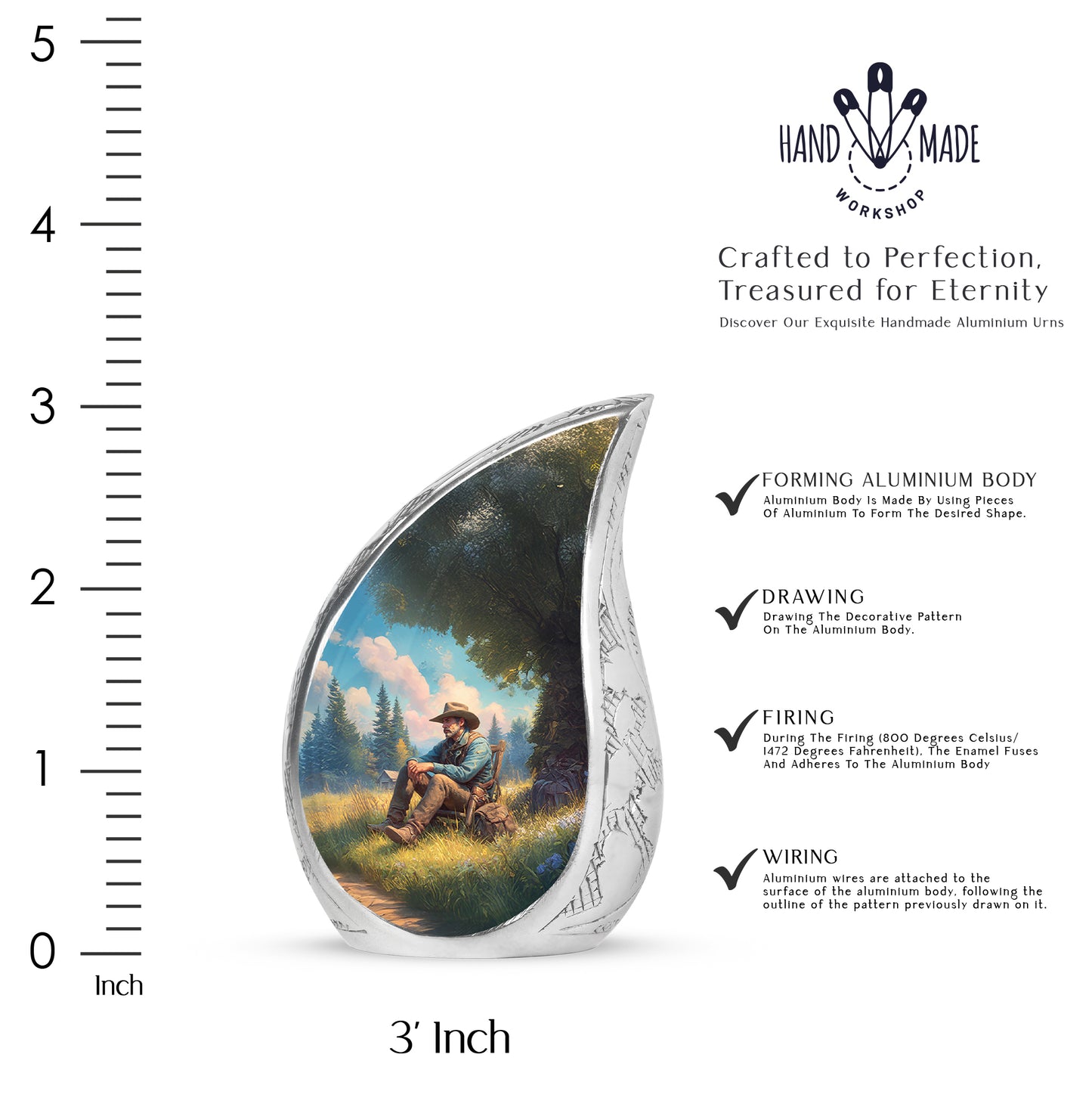 Deep Teal Cowboy Cremation Urn angled view of lid and engraved motif - graceful tear-shaped urn with cowboy motif - mini keepsake memorial for portion of cremation ashes