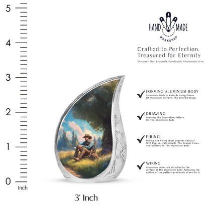 Deep Teal Cowboy Cremation Urn angled view of lid and engraved motif - graceful tear-shaped urn with cowboy motif - mini keepsake memorial for portion of cremation ashes