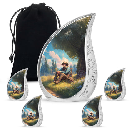 Ocean Teal Cowboy Cremation Urn side profile showing urn shape - flowing teardrop cowboy silhouette on curved aluminum - memorial set with one large and four small urns