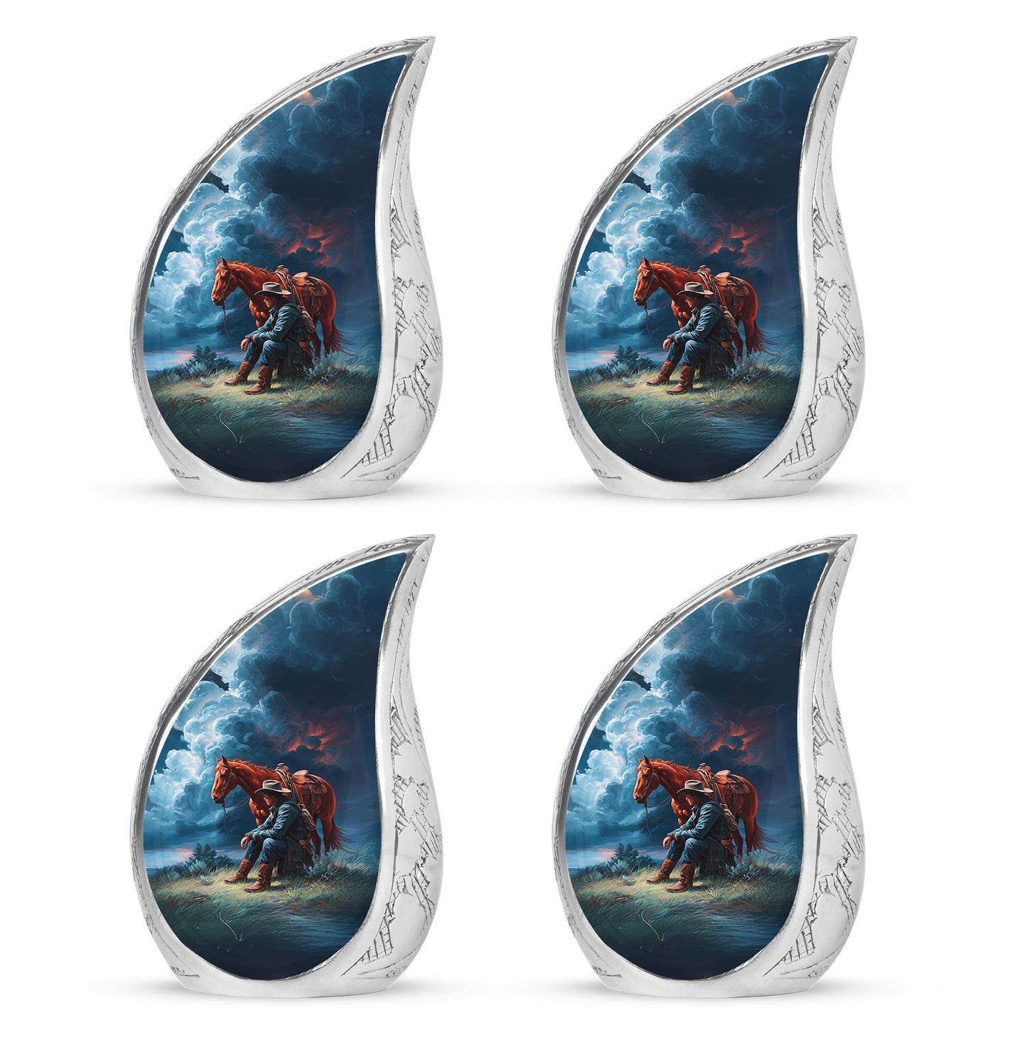 Pastel Blue Cowboy Cremation Urn close-up of engraving and surface detail - flowing teardrop cowboy silhouette on curved aluminum - 10 inch aluminum urn for cremated remains