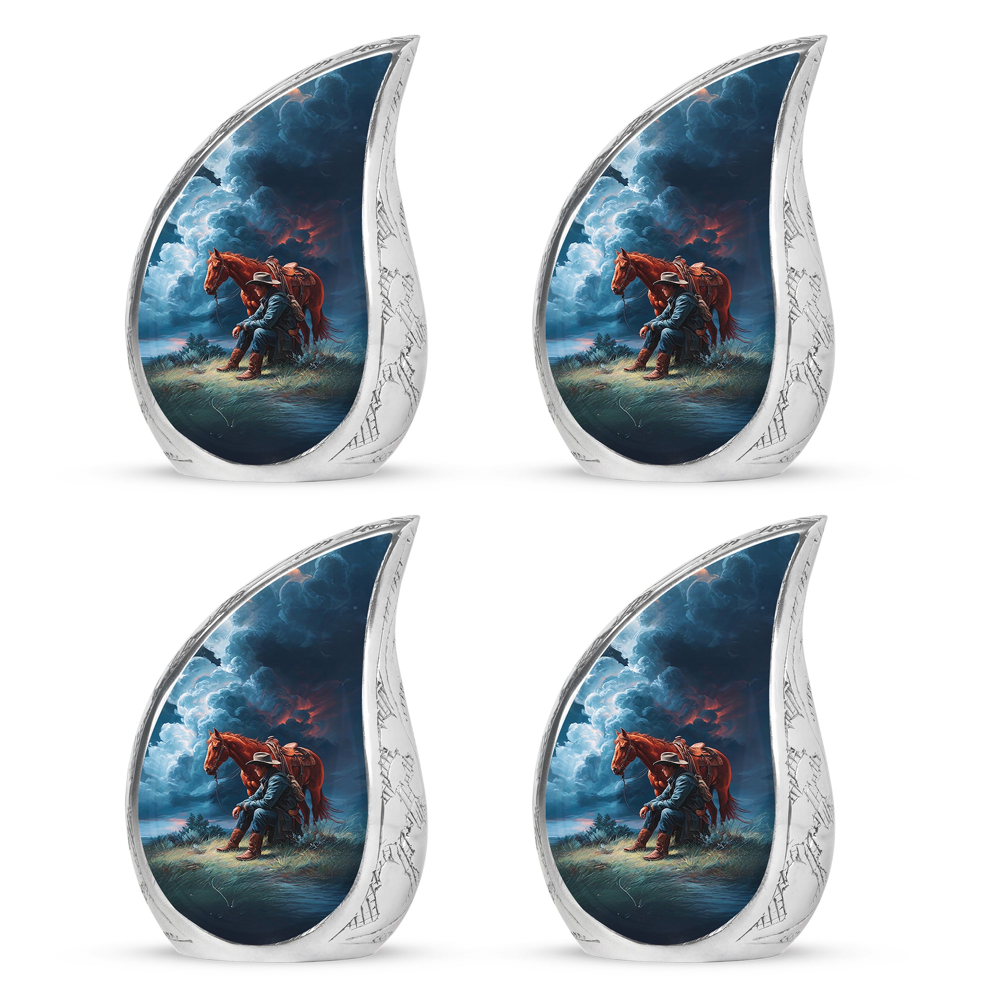 Pastel Blue Cowboy Cremation Urn close-up of engraving and surface detail - flowing teardrop cowboy silhouette on curved aluminum - 10 inch aluminum urn for cremated remains