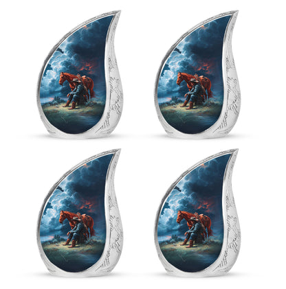 Pastel Blue Cowboy Cremation Urn close-up of engraving and surface detail - flowing teardrop cowboy silhouette on curved aluminum - 10 inch aluminum urn for cremated remains