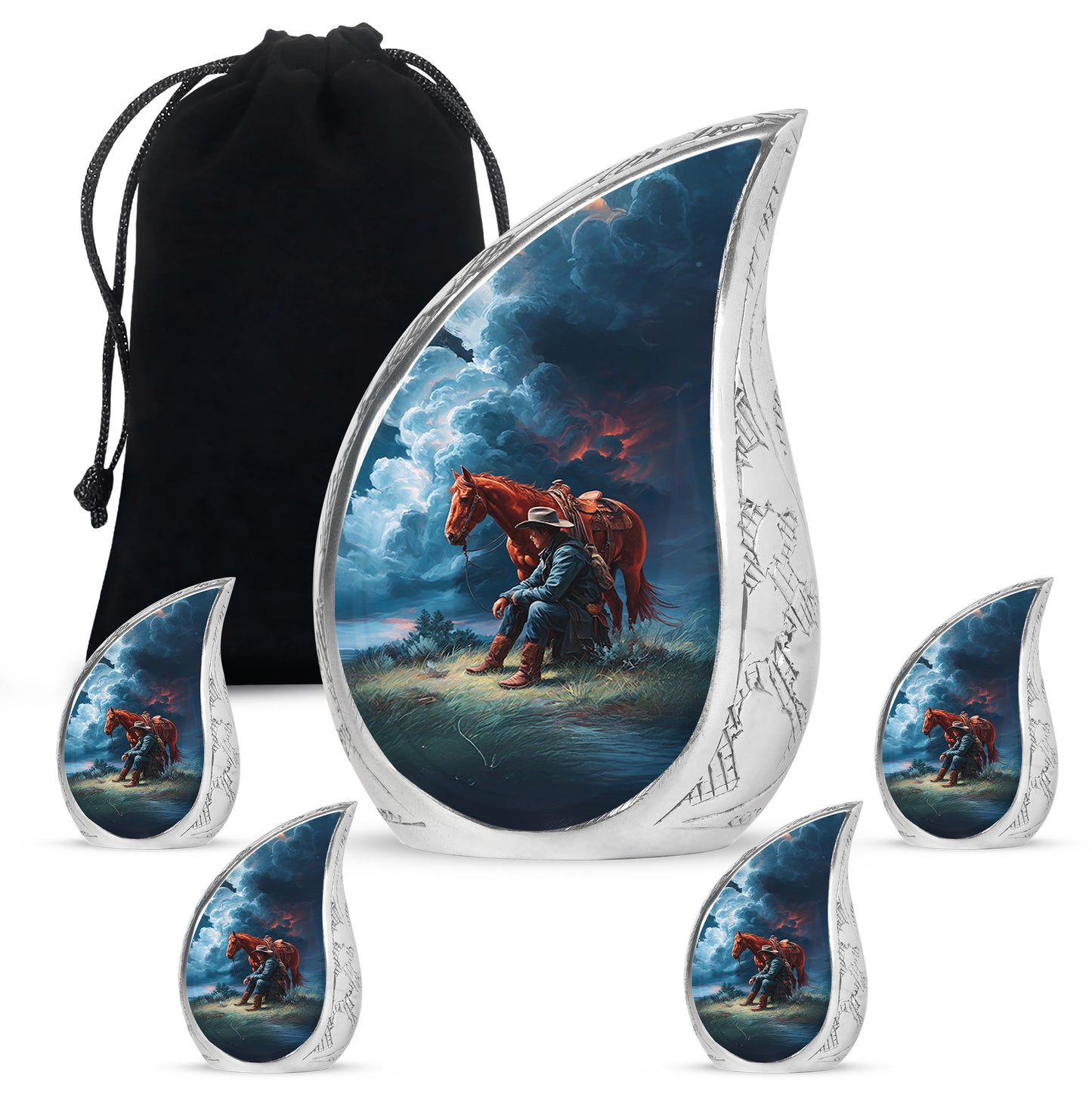 Pastel Blue Cowboy Cremation Urn side profile showing urn shape - flowing teardrop cowboy silhouette on curved aluminum - memorial set with one large and four small urns