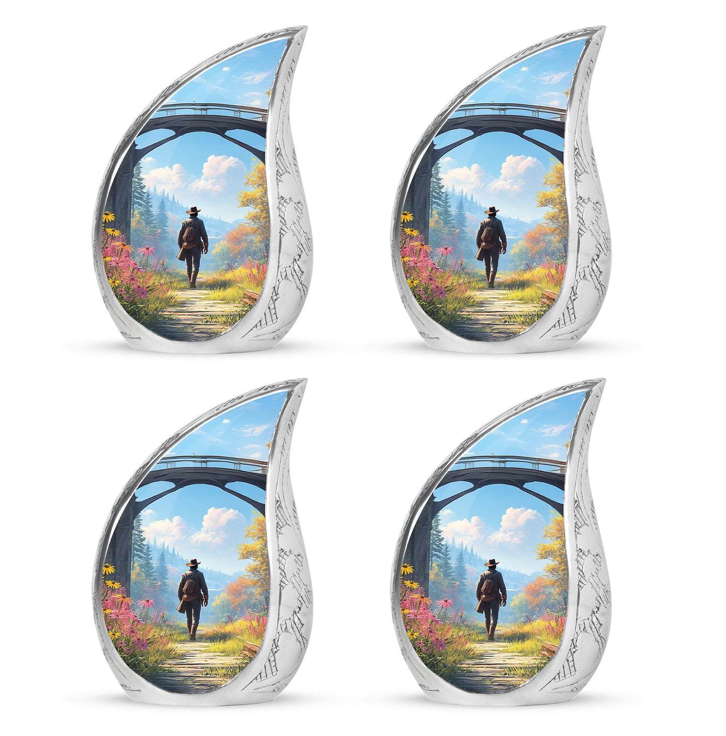 Dusty Blue Cowboy Cremation Urn close-up of engraving and surface detail - rounded teardrop cowboy design with delicate detail - 10 inch aluminum urn for cremated remains
