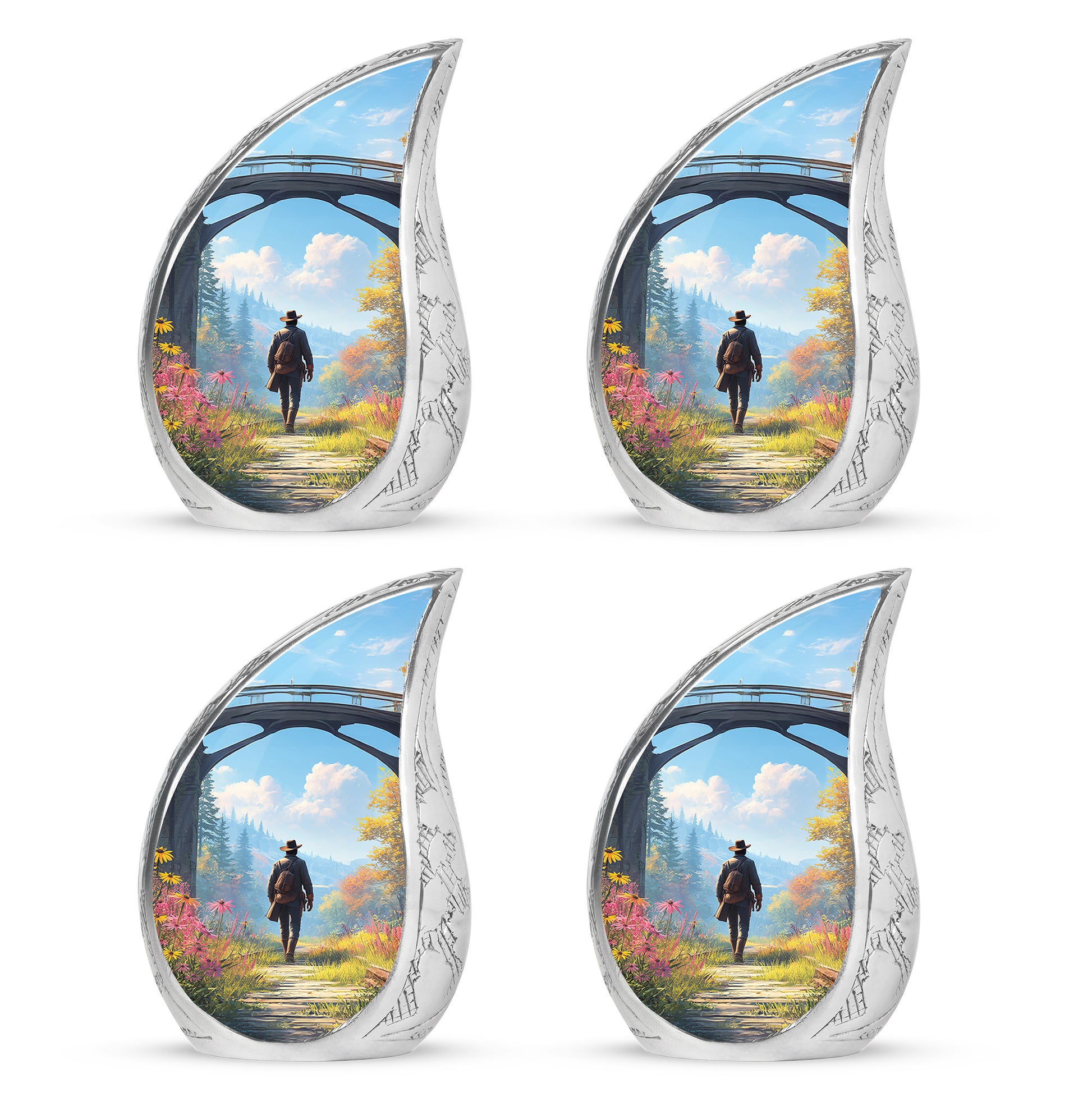 Dusty Blue Cowboy Cremation Urn close-up of engraving and surface detail - rounded teardrop cowboy design with delicate detail - 10 inch aluminum urn for cremated remains