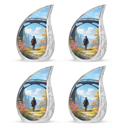 Dusty Blue Cowboy Cremation Urn close-up of engraving and surface detail - rounded teardrop cowboy design with delicate detail - 10 inch aluminum urn for cremated remains