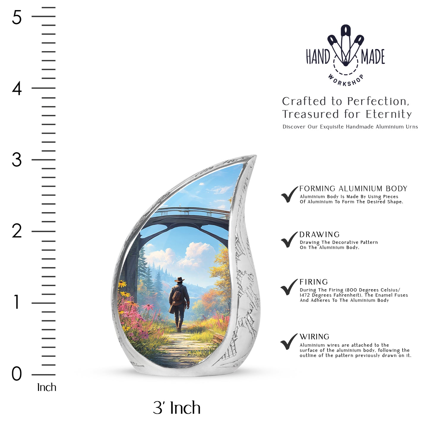 Indigo Cowboy Cremation Urn angled view of lid and engraved motif - flowing teardrop cowboy silhouette on curved aluminum - mini keepsake memorial for portion of cremation ashes