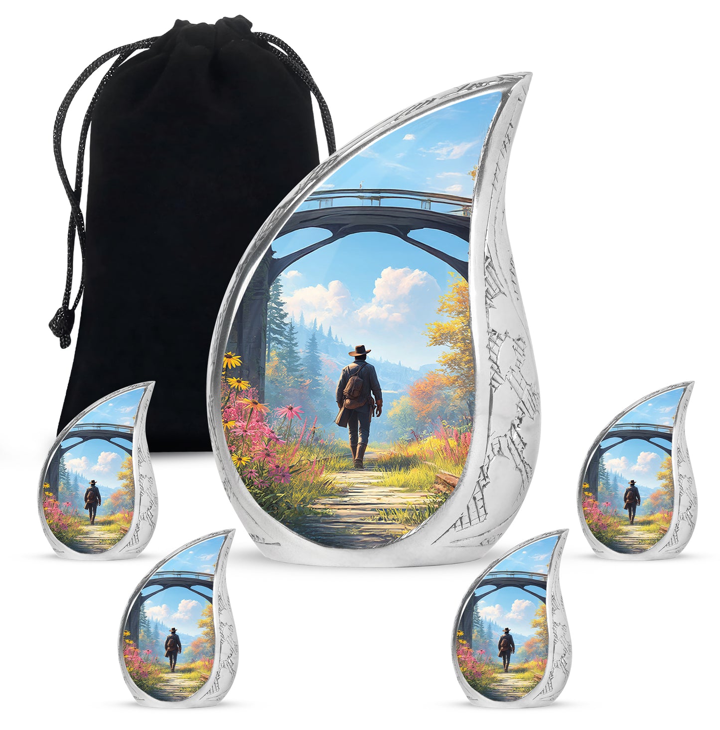 Soft Blue Cowboy Cremation Urn side profile showing urn shape - graceful tear-shaped urn with cowboy motif - memorial set with one large and four small urns