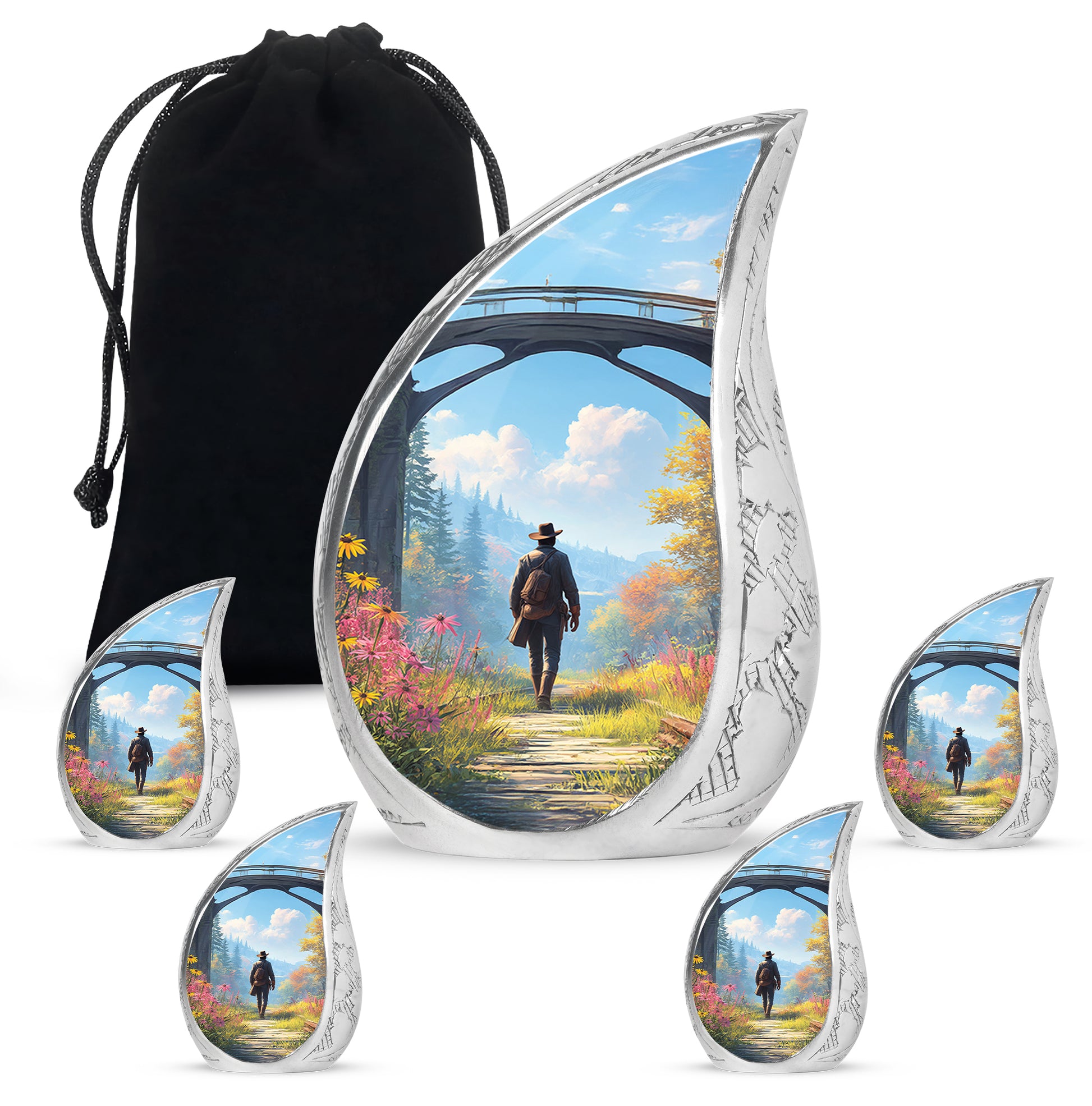 Soft Blue Cowboy Cremation Urn side profile showing urn shape - graceful tear-shaped urn with cowboy motif - memorial set with one large and four small urns