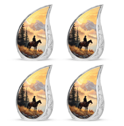 Warm Gold Cowboy Cremation Urn close-up of engraving and surface detail - graceful tear-shaped urn with cowboy motif - 10 inch aluminum urn for cremated remains