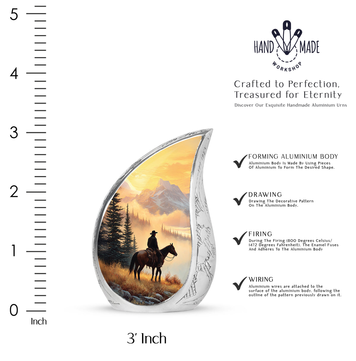 Harvest Gold Cowboy Cremation Urn angled view of lid and engraved motif - smooth teardrop contour featuring cowboy art - mini keepsake memorial for portion of cremation ashes