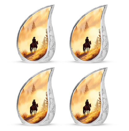 Gilded Gold Cowboy Cremation Urn close-up of engraving and surface detail - flowing teardrop cowboy silhouette on curved aluminum - 10 inch aluminum urn for cremated remains
