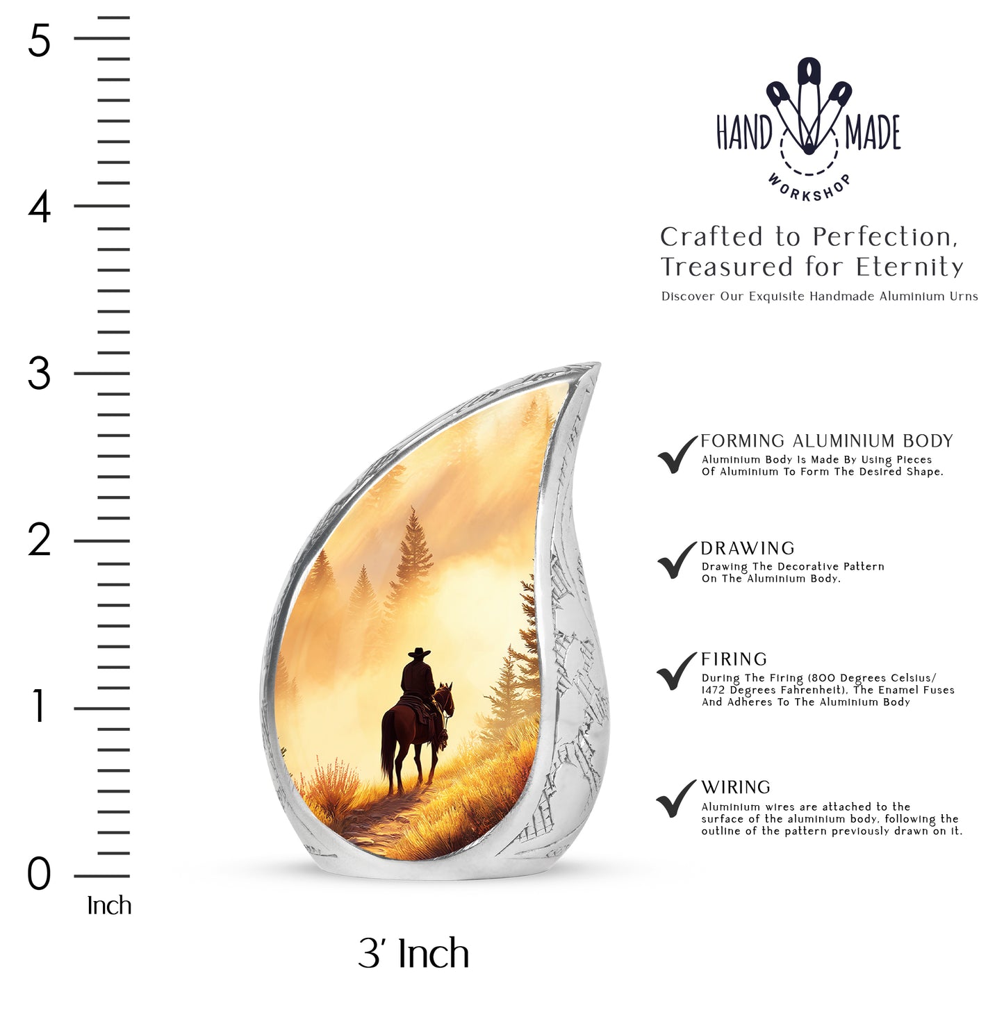 Matte Gold Cowboy Cremation Urn angled view of lid and engraved motif - smooth teardrop contour featuring cowboy art - mini keepsake memorial for portion of cremation ashes
