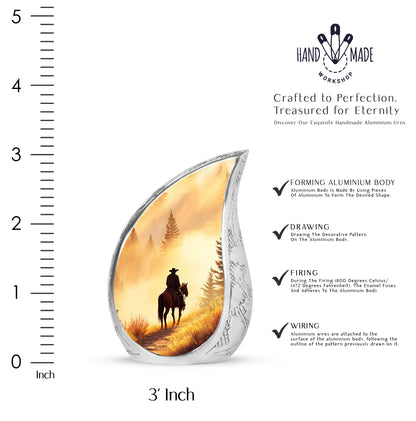 Matte Gold Cowboy Cremation Urn angled view of lid and engraved motif - smooth teardrop contour featuring cowboy art - mini keepsake memorial for portion of cremation ashes