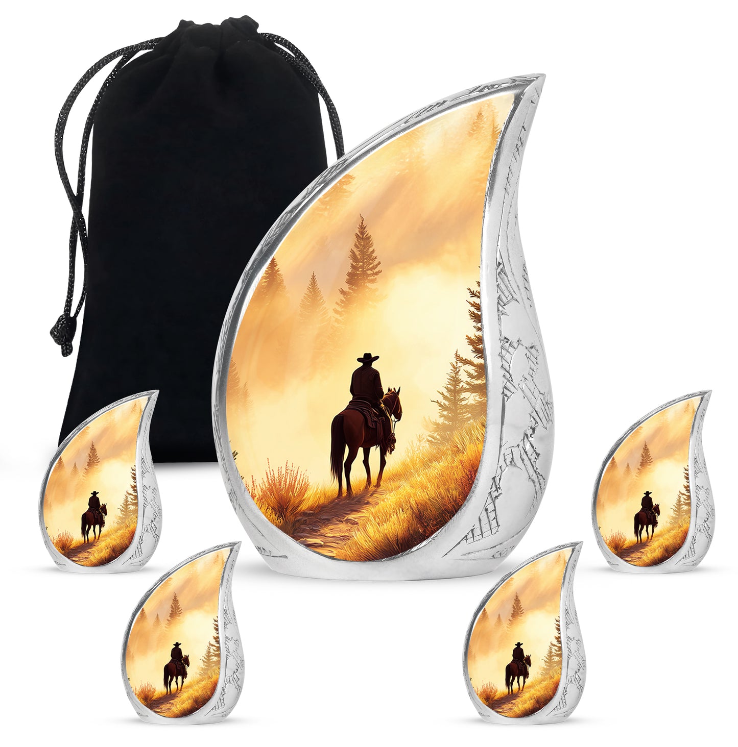 Antique Gold Cowboy Cremation Urn side profile showing urn shape - rounded teardrop cowboy design with delicate detail - memorial set with one large and four small urns