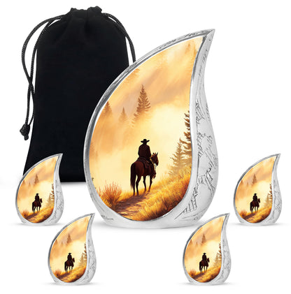 Antique Gold Cowboy Cremation Urn side profile showing urn shape - rounded teardrop cowboy design with delicate detail - memorial set with one large and four small urns