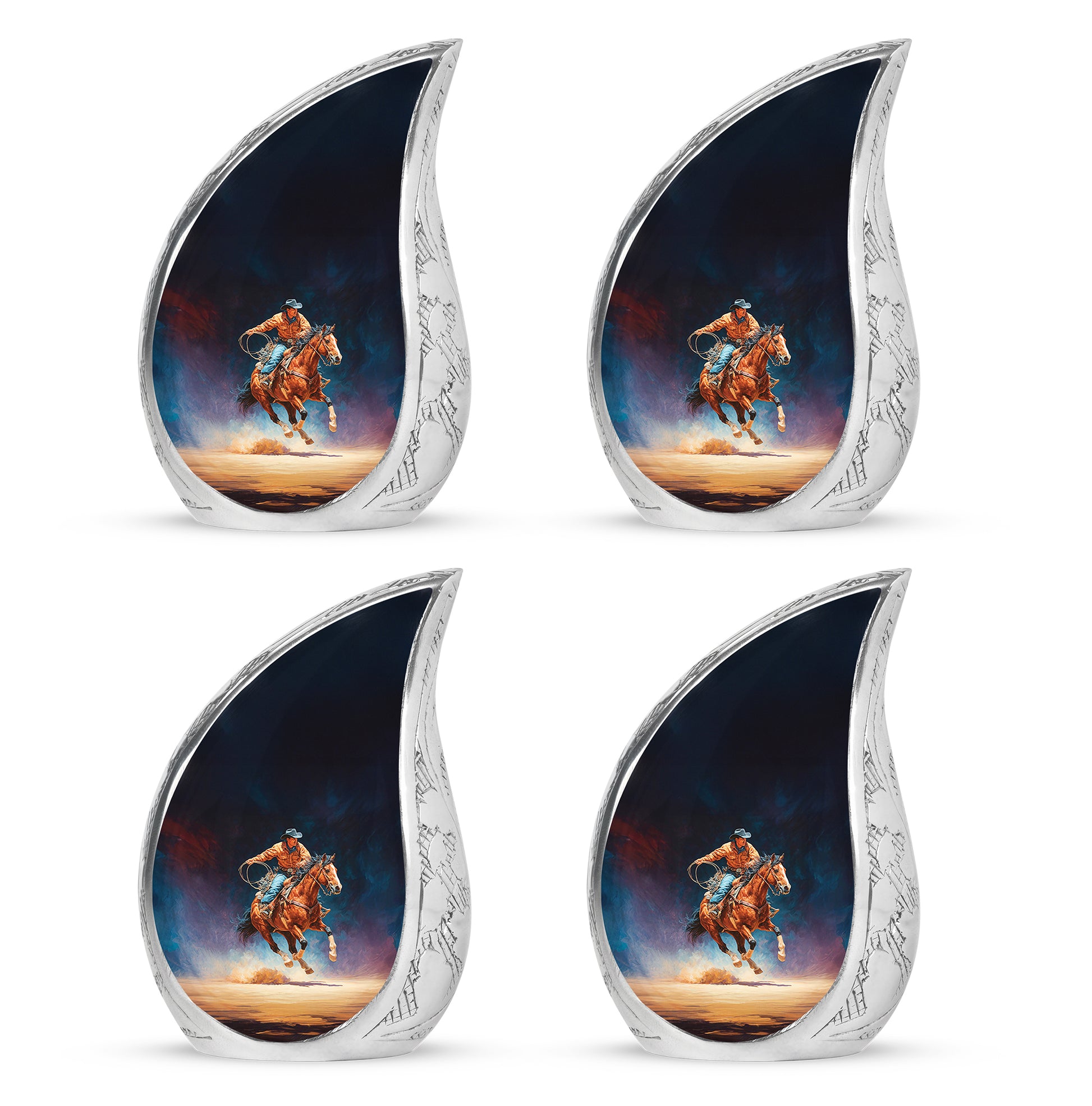 Onyx Black Cowboy Cremation Urn close-up of engraving and surface detail - graceful tear-shaped urn with cowboy motif - 10 inch aluminum urn for cremated remains