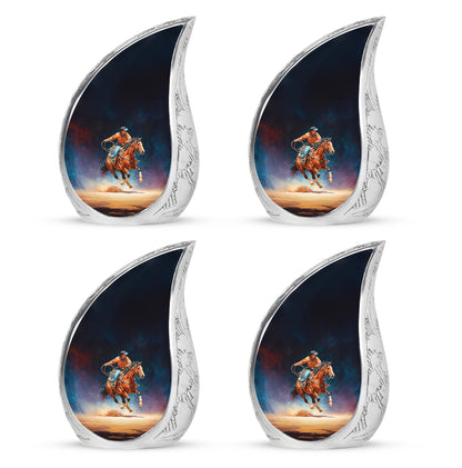 Onyx Black Cowboy Cremation Urn close-up of engraving and surface detail - graceful tear-shaped urn with cowboy motif - 10 inch aluminum urn for cremated remains